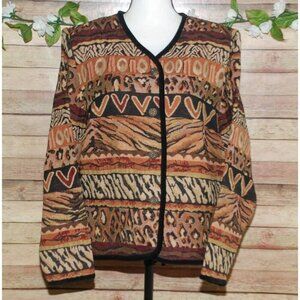 Stonebridge Brown Tapestry Button Up Jacket Size L Animal Print  Velvet Trim